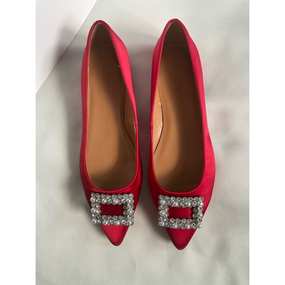 J Crew Crystal Embellished Pointed-Toe Satin Flats | Sz 5.5 Ruby Red